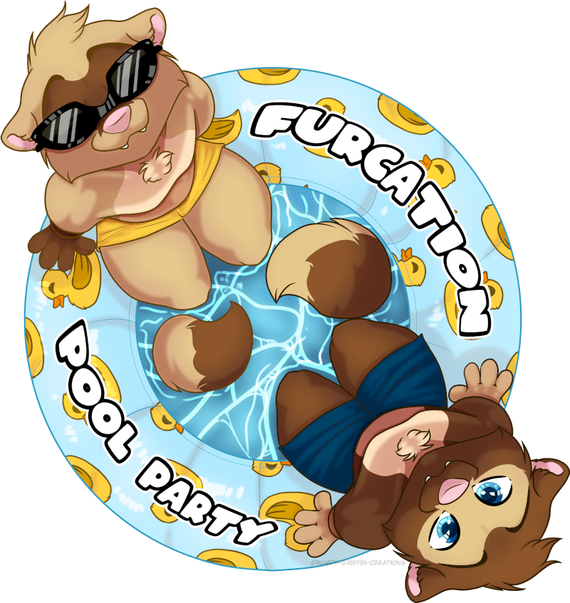 Furcation 2021 logo depicting ferret mascots Frankie & Clyde sitting on an inflatable ring in a pool of water.